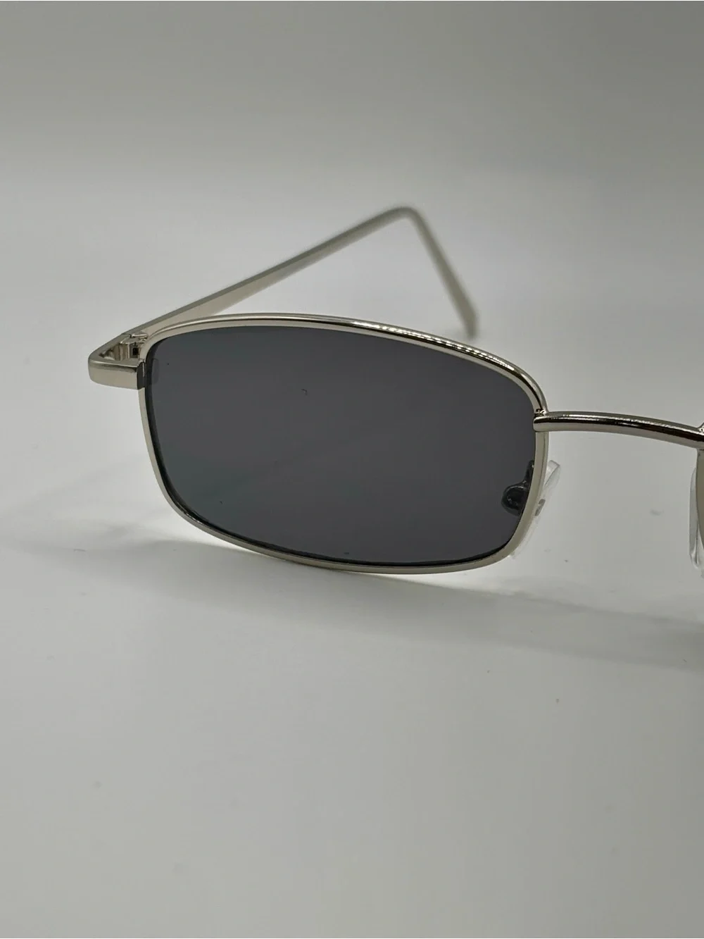 Vintage 90s Y2K Slim Rectangular Silver Metal Frame Sunglasses Dark Gray Lens